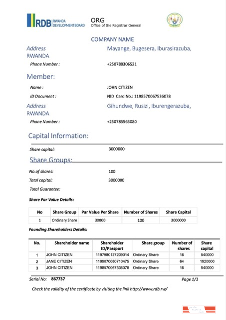 Rwanda certificate of registration Word and PDF template